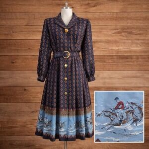 Vintage Equestrian Shirt Dress 6 P Navy Blue Border Print Fox Hunt Steeplechase